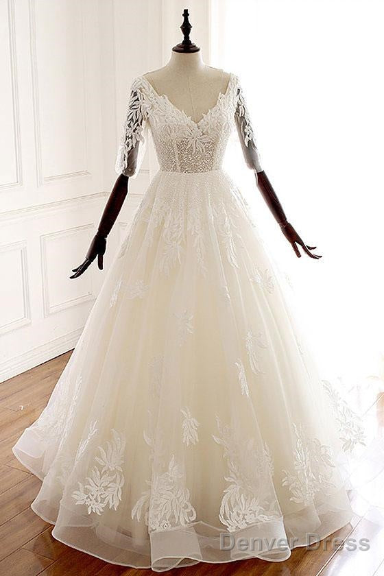 Lace Half Sleeve Long White V Neck Tulle Wedding Dresses