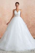 Lace Halter See through Multi Layers White Wedding Dresses with Open Back