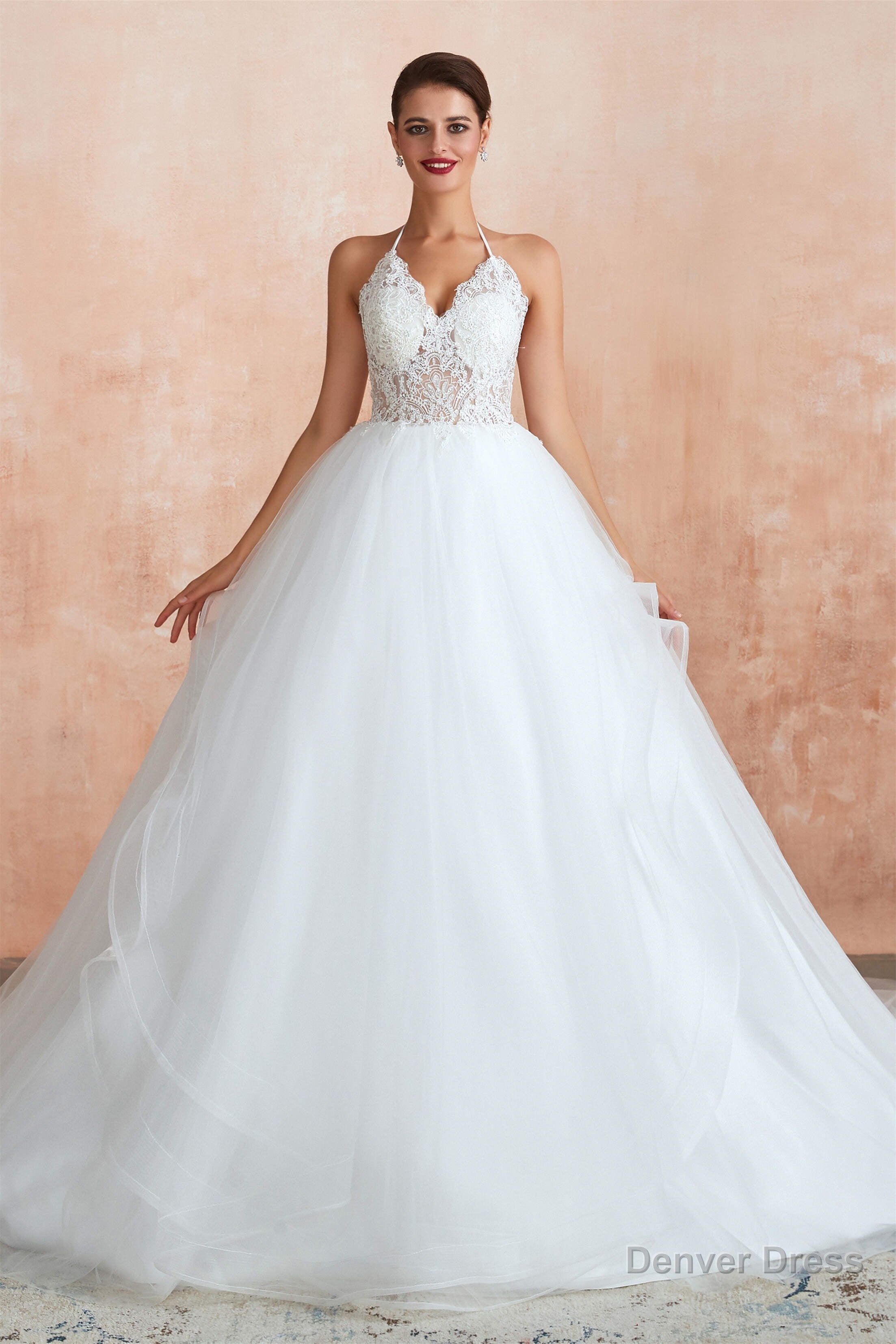 Lace Halter See through Multi Layers White Wedding Dresses with Open Back