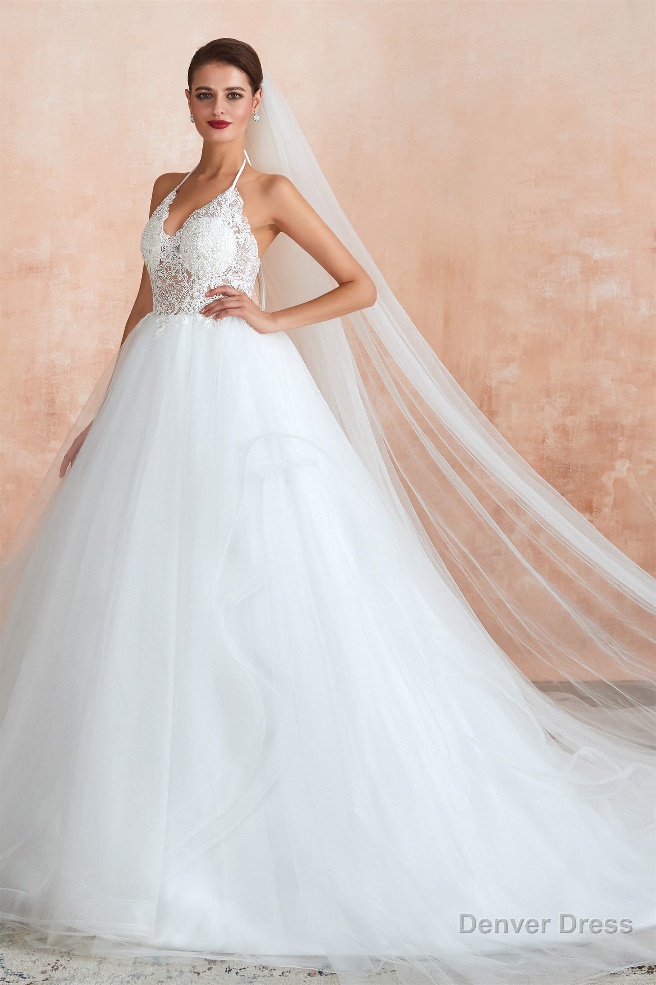 Lace Halter See through Multi Layers White Wedding Dresses with Open Back