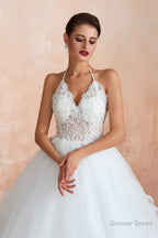 Lace Halter See through Multi Layers White Wedding Dresses with Open Back