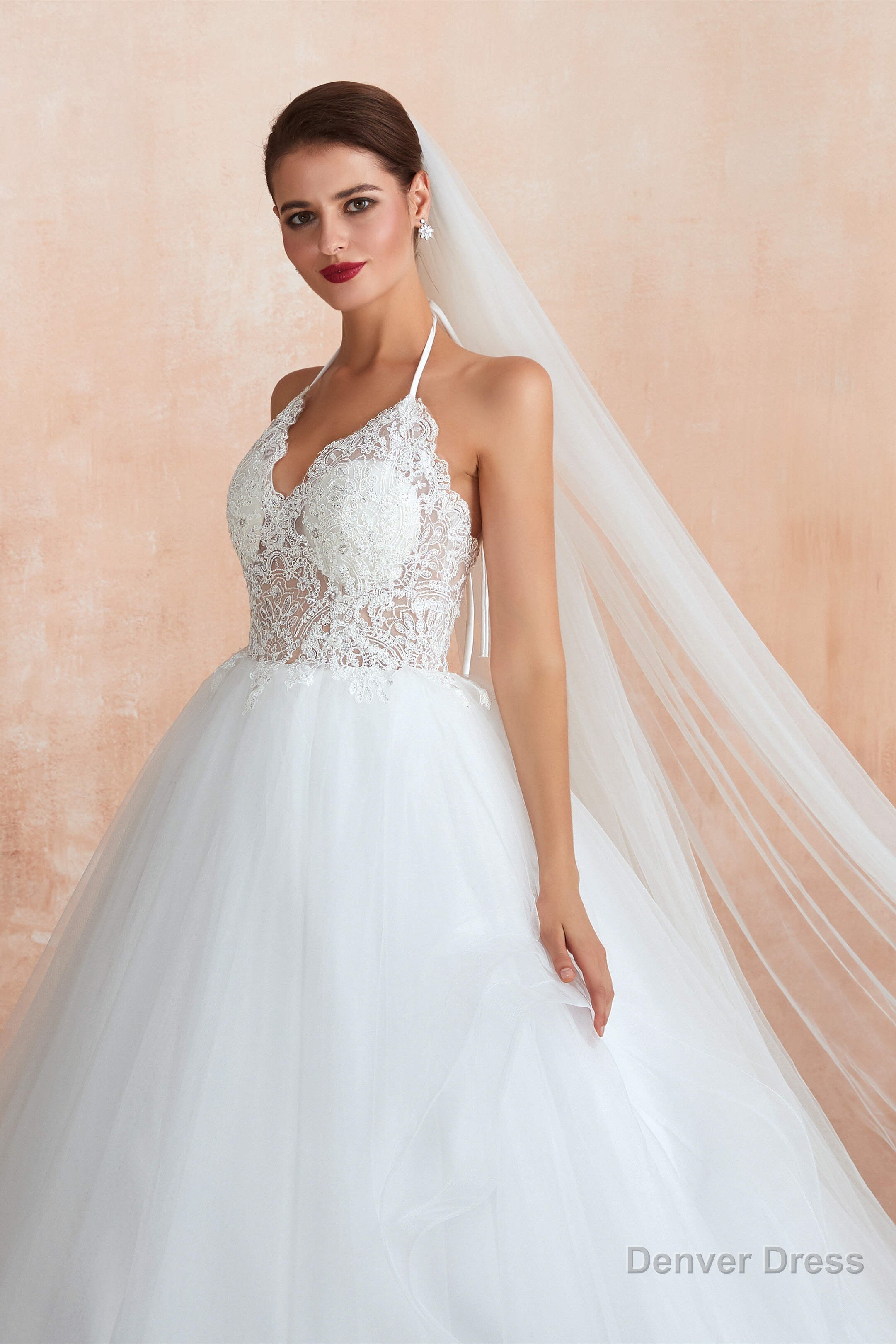Lace Halter See through Multi Layers White Wedding Dresses with Open Back
