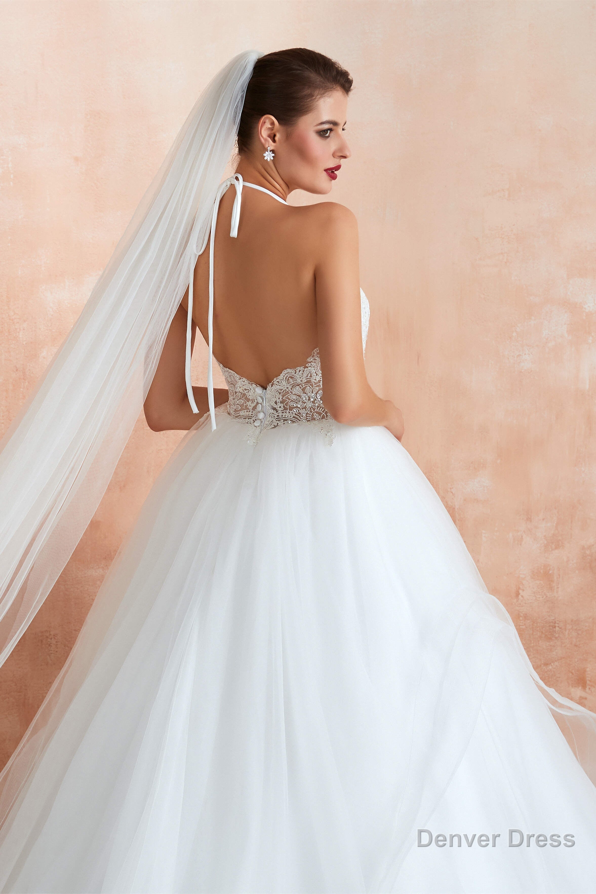 Lace Halter See through Multi Layers White Wedding Dresses with Open Back