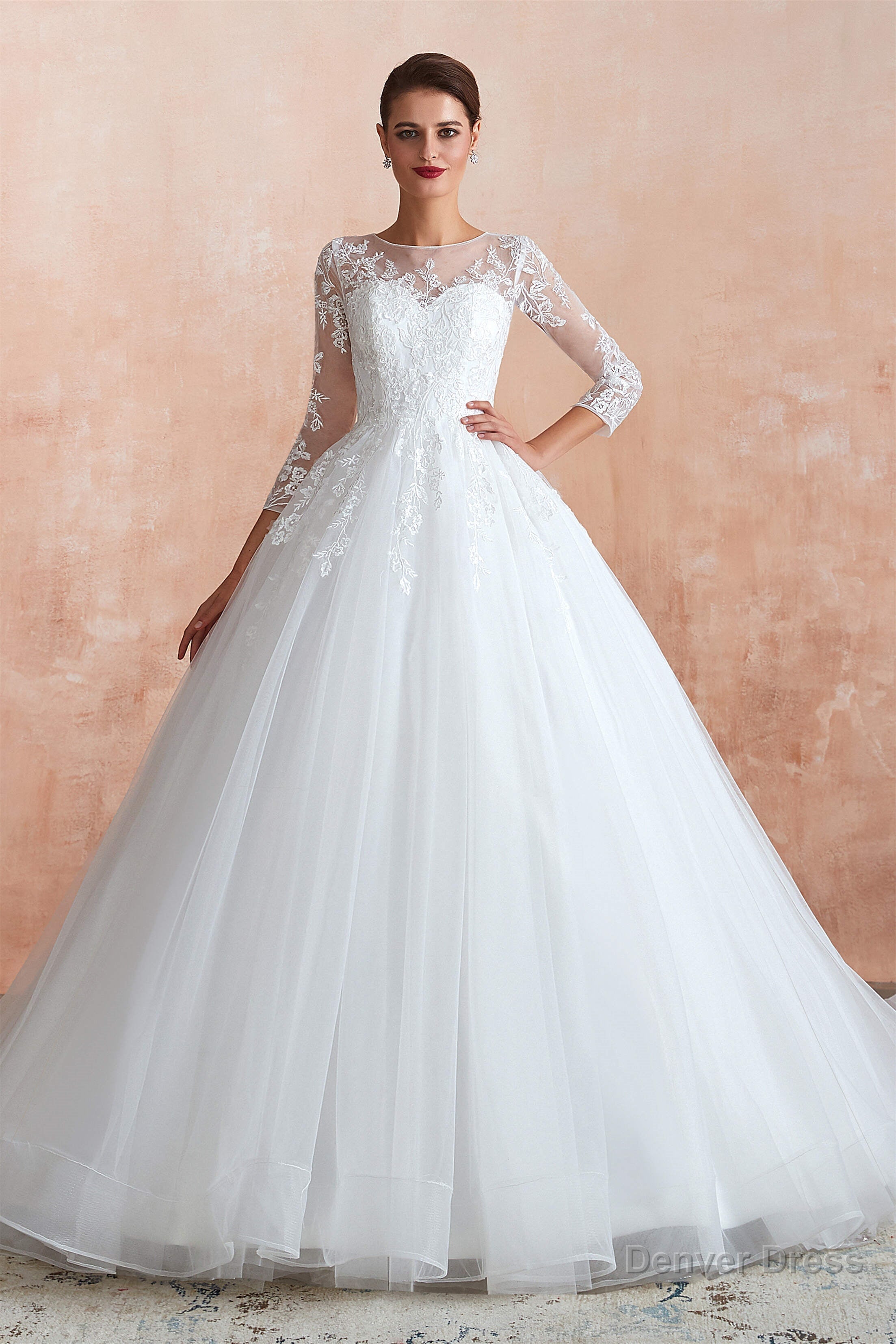 Lace Jewel White Tulle Wedding Dresses with 3 4 Sleeves Main image