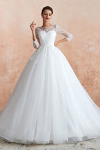 Lace Jewel White Tulle Wedding Dresses with 3 4 Sleeves