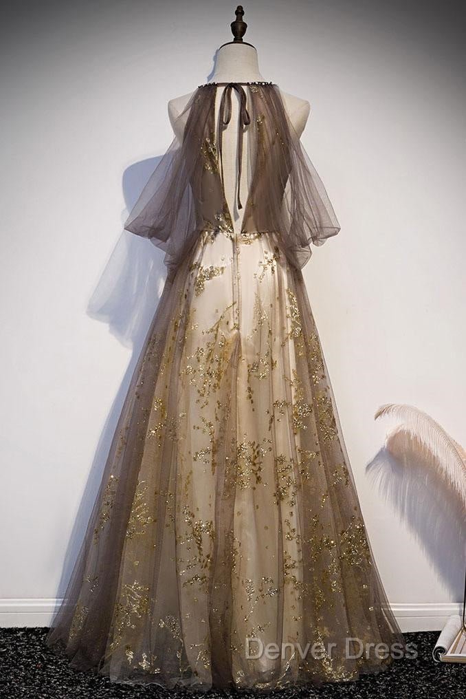 Lace Long Appliques Champagne Tulle Prom Dresses