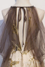 Lace Long Appliques Champagne Tulle Prom Dresses