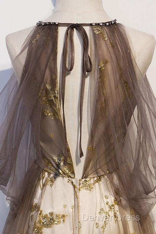 Lace Long Appliques Champagne Tulle Prom Dresses