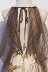 Lace Long Appliques Champagne Tulle Prom Dresses