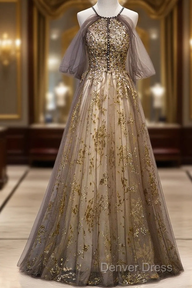 Lace Long Appliques Champagne Tulle Prom Dresses