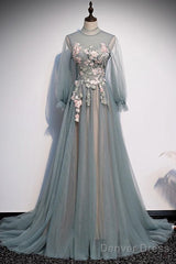 Lace Long Sleeve Unique A-Line Tulle Appliques Long Prom Dress