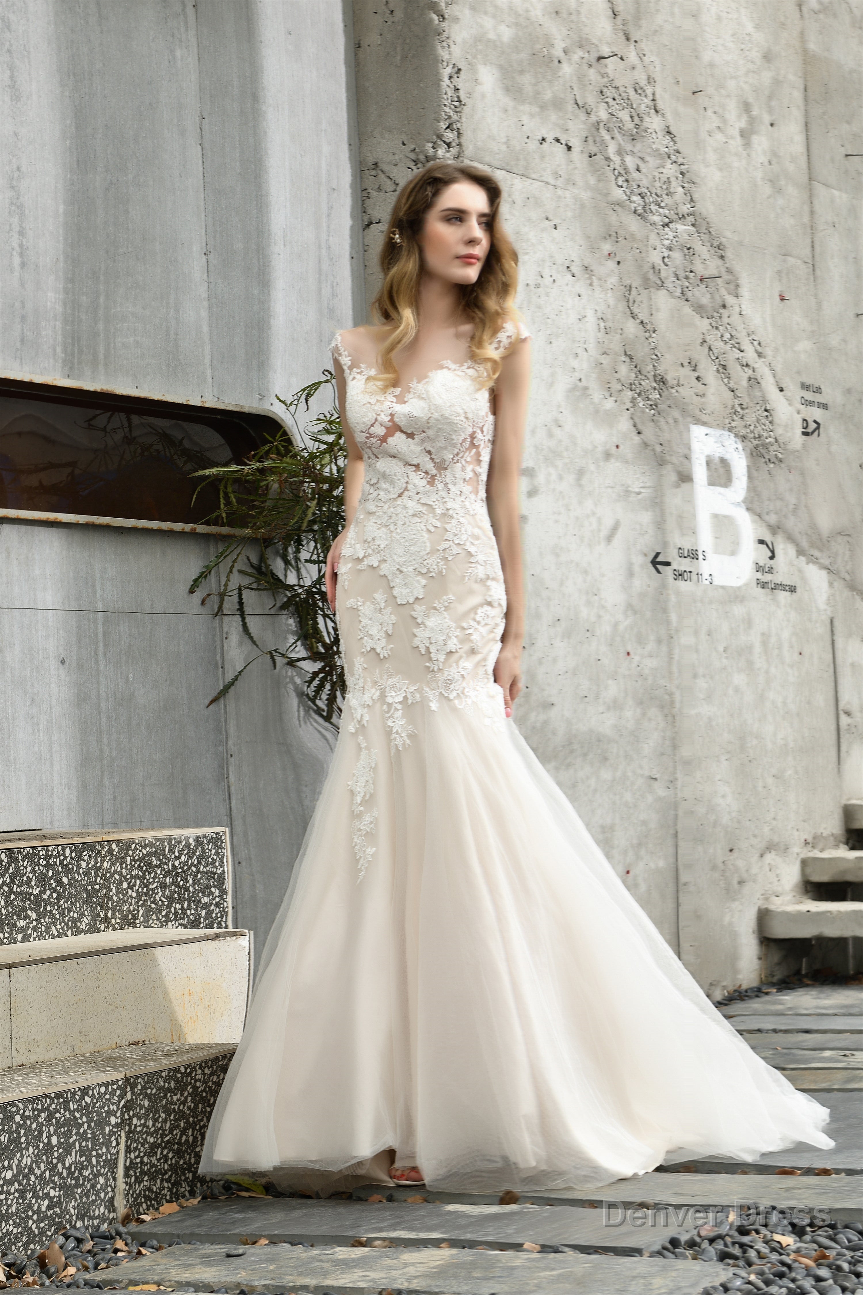 Lace Mermaid Ivory Wedding Dresses with Short Sleeves Main image