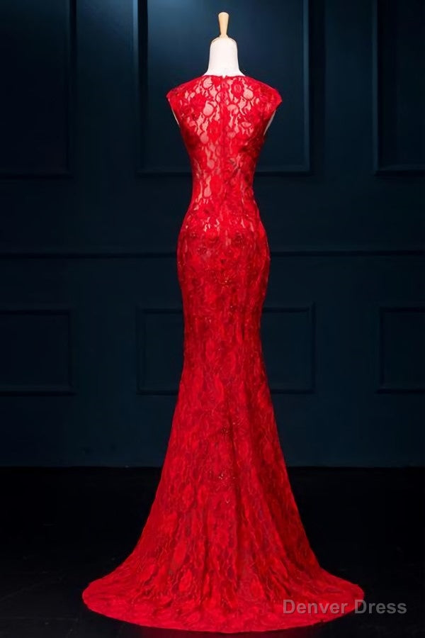 Lace Mermaid Slit Wedding Prom Dresses, Charming Prom Gowns Main image