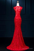 Lace Mermaid Slit Wedding Prom Dresses, Charming Prom Gowns