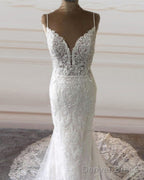 Lace Mermaid Wedding Dresses Plunge Neck Spaghetti Straps