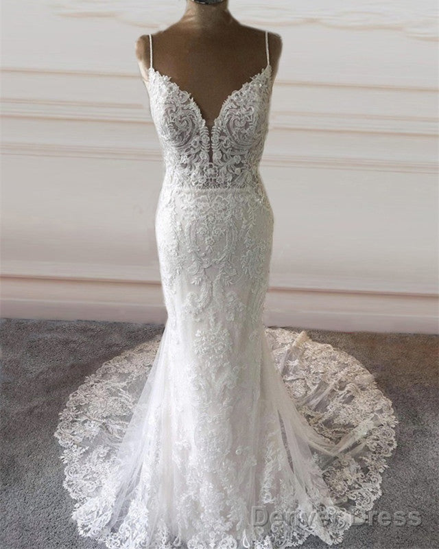 Lace Mermaid Wedding Dress Plunge Neck Spaghetti Straps Main image