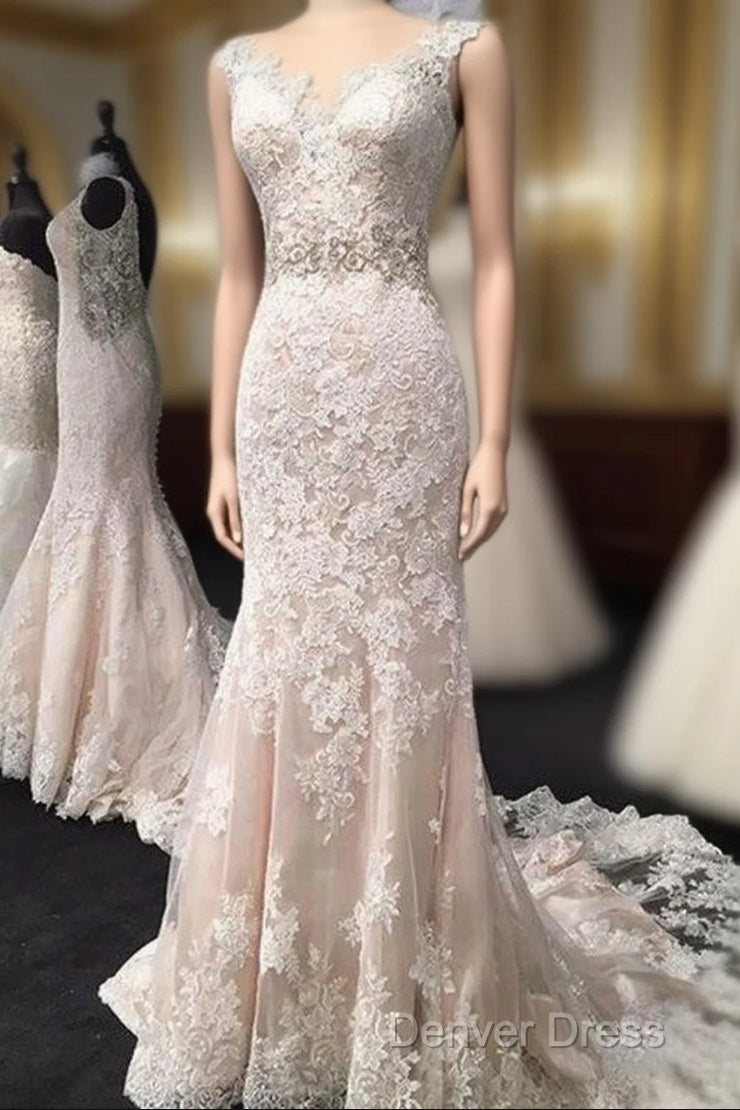 Lace Mermaid Wedding Dresses Sleeveless With Open Back