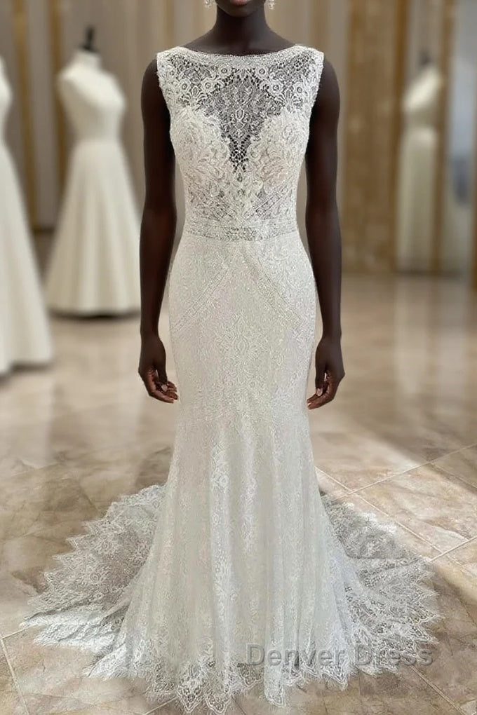 Lace Open Back Mermaid Long Wedding Dresses Main image