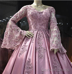 Lace Puffy Sleeves Satin Ball Gown V-Neck Dress