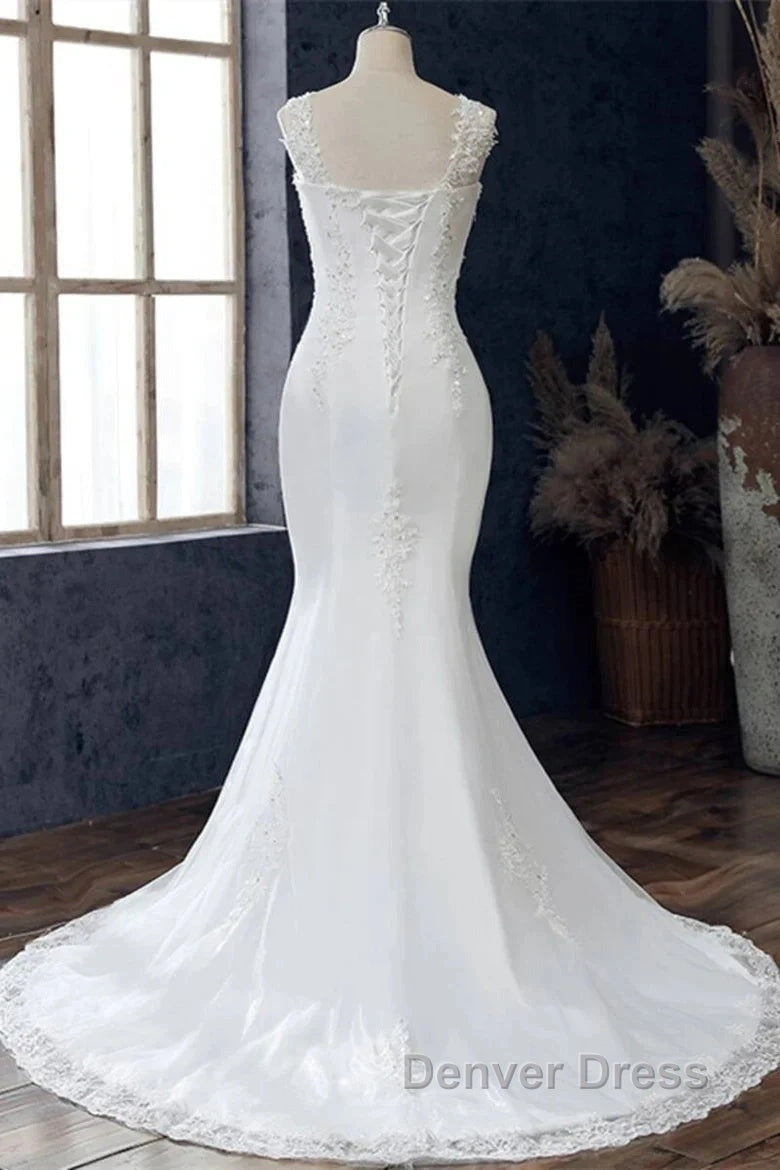 Lace Round Neck Sleeveless Trumpet Wedding Dresses