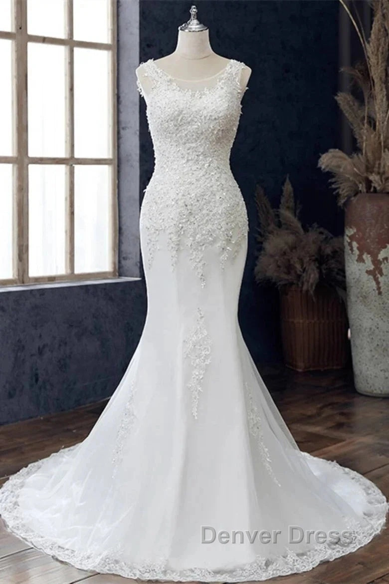 Lace Round Neck Sleeveless Trumpet Wedding Dresses