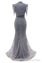 Lace Sequin Long Grey Prom Dresses High Neck Beaded Mermaid Long Evening Dresses