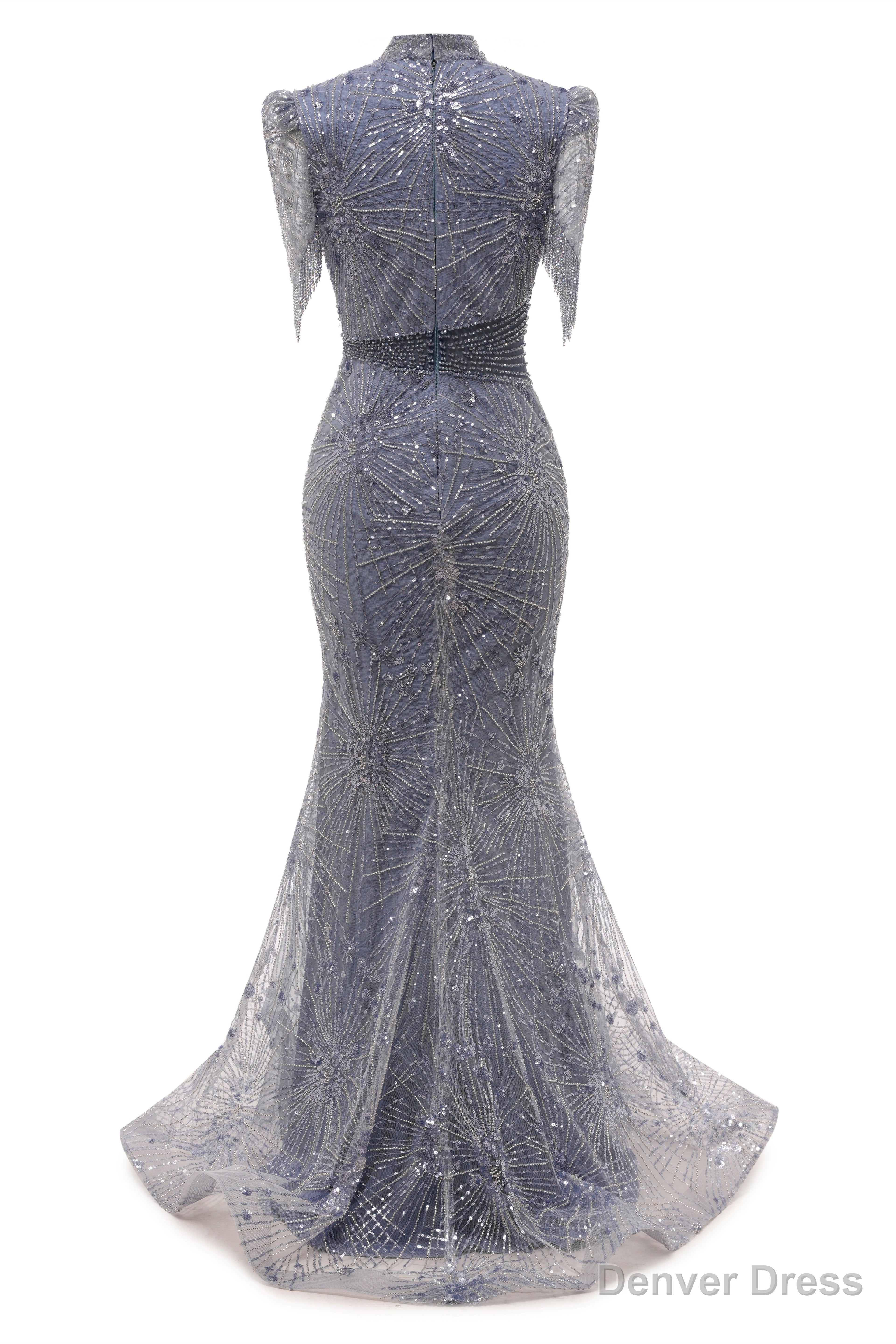 Lace Sequin Long Grey Prom Dresses High Neck Beaded Mermaid Long Evening Dresses