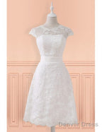 Lace Short Belt Cap Sleeve Wedding Reception Dress For Mature Brides