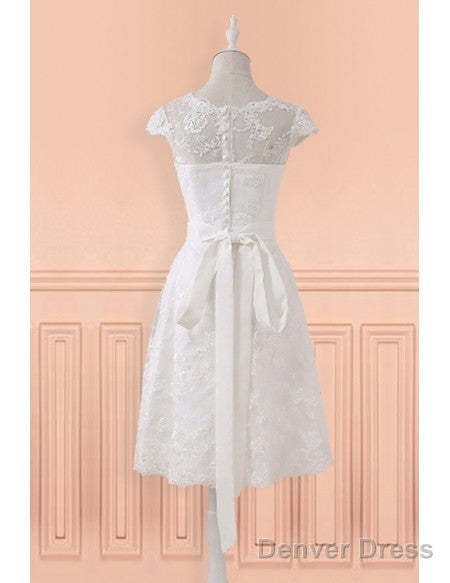 Lace Short Belt Cap Sleeve Wedding Reception Dress For Mature Brides
