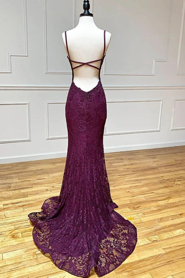 Lace Spaghetti Straps V-Neck Mermaid Prom Dresses With Slit Secondary image
