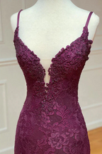 Lace Spaghetti Straps V-Neck Mermaid Prom Dresses With Slit