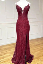 Lace Spaghetti Straps V-Neck Mermaid Prom Dresses With Slit