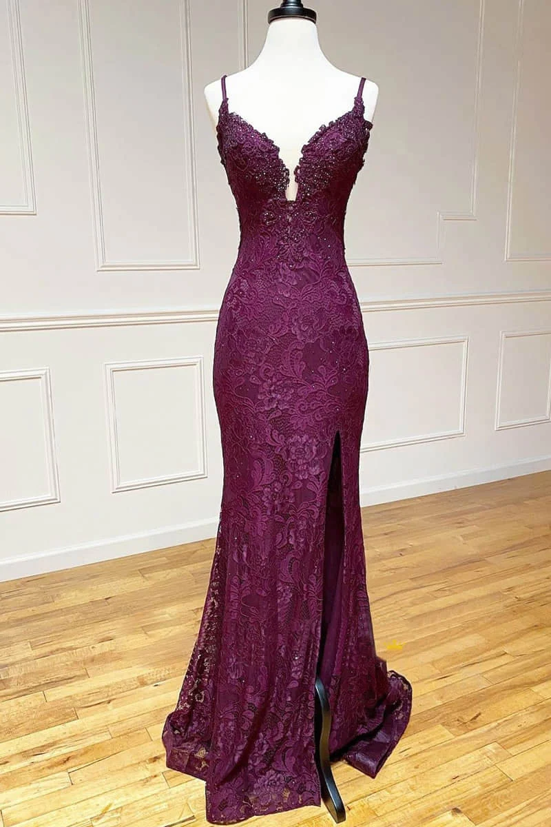 Lace Spaghetti Straps V-Neck Mermaid Prom Dresses With Slit Main image