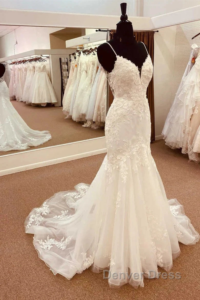 Lace Straps Backless Trumpet Long Wedding Dresses