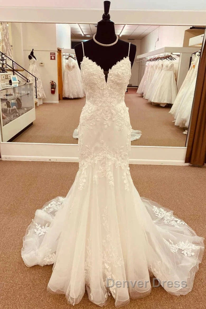 Lace Straps Backless Trumpet Long Wedding Dresses