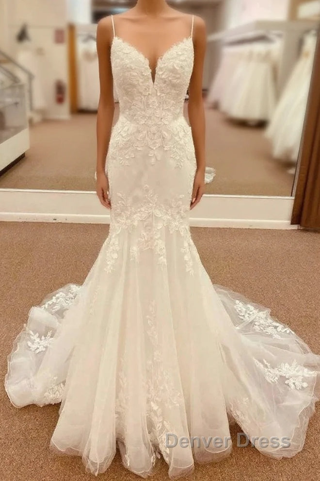 Lace Straps Backless Trumpet Long Wedding Dresses Main image