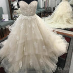 Lace Sweetheart Beaded Sashes Ruffles Tulle Ball Gowns Wedding Dresses