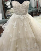 Lace Sweetheart Beaded Sashes Ruffles Tulle Ball Gown Wedding Dresses