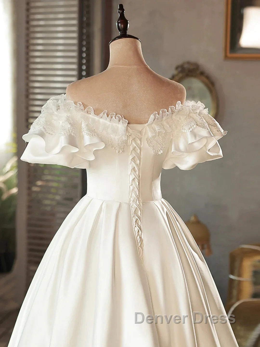 Lace Tea Length Bowknot White Satin Wedding Dresses