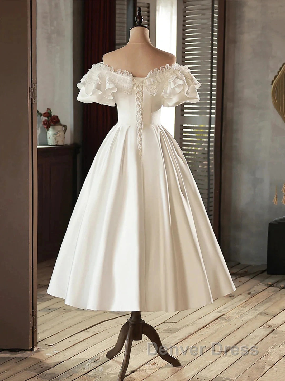 Lace Tea Length Bowknot White Satin Wedding Dresses