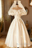 Lace Tea Length Bowknot White Satin Wedding Dresses