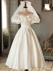 Lace Tea Length Bowknot White Satin Wedding Dress