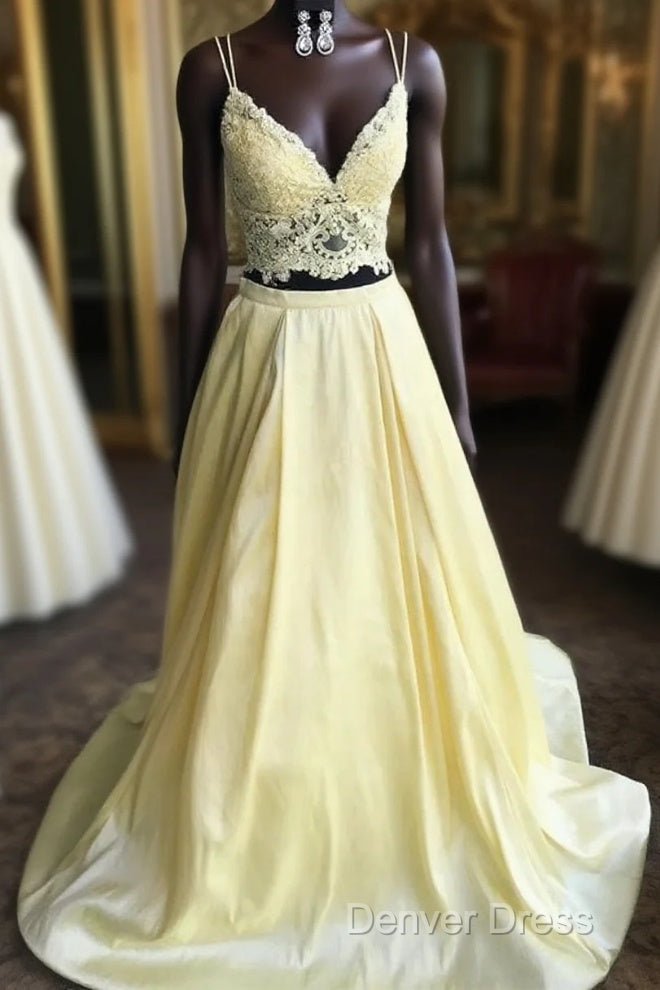 Lace Top Long Satin V Neck Two Pieces Yellow Prom Dresses Main image