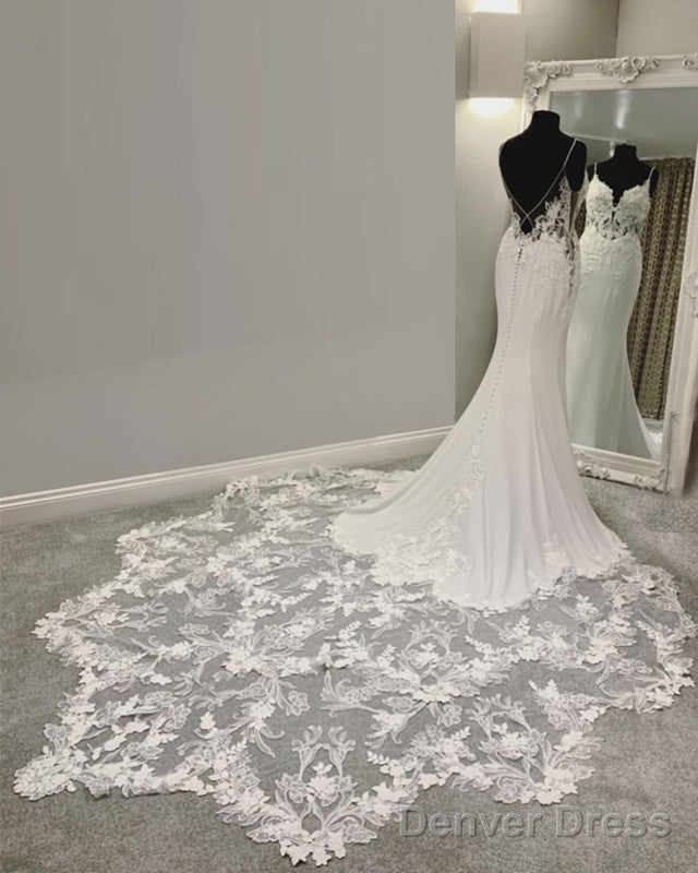Lace Train Mermaid Wedding Dresses V Neck Open Back Main image