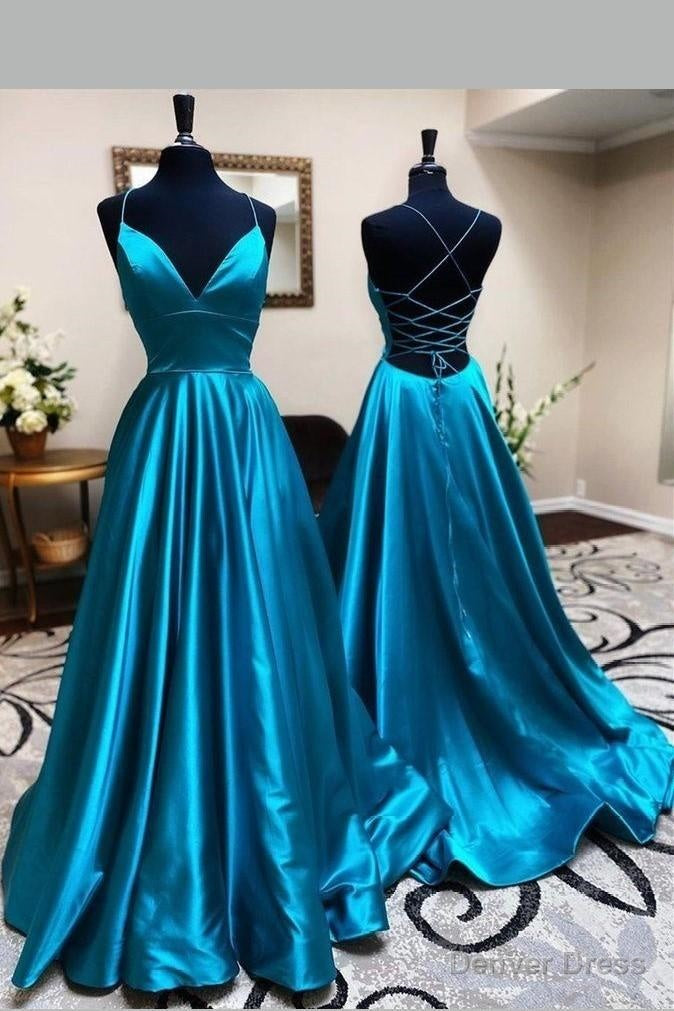 Lace up Back Blue Prom Dresses Long vestido de noite