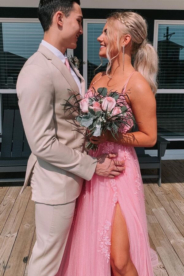 Lace Up Back Pink A-Line Empire-Waist Lace Appliques Long Prom Dresses