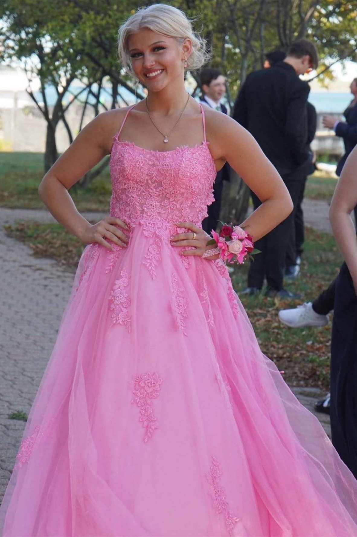 Lace Up Back Pink A-Line Empire-Waist Lace Appliques Long Prom Dresses