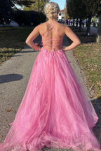 Lace Up Back Pink A-Line Empire-Waist Lace Appliques Long Prom Dresses