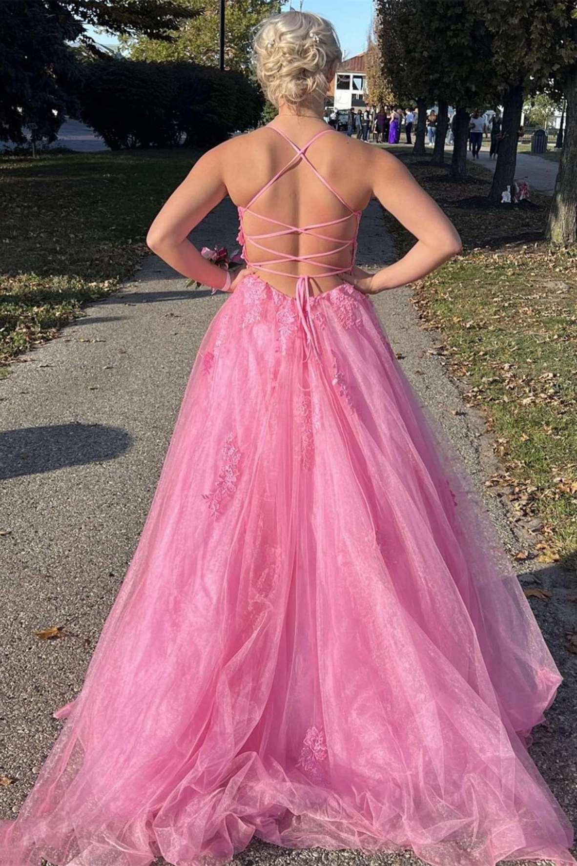 Lace Up Back Pink A-Line Empire-Waist Lace Appliques Long Prom Dresses