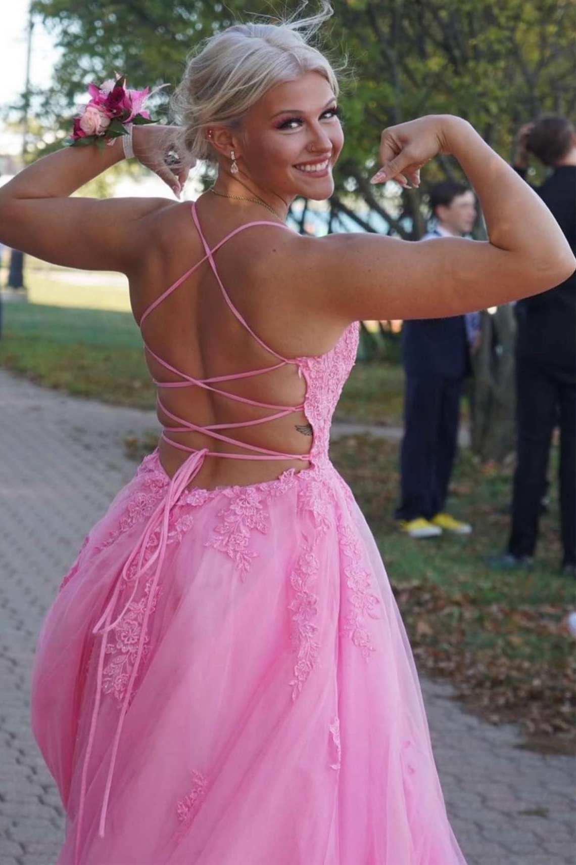 Lace Up Back Pink A-Line Empire-Waist Lace Appliques Long Prom Dresses